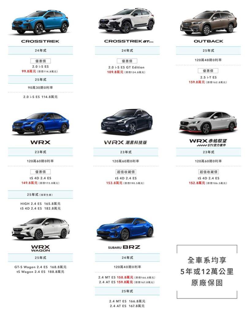 舊年式WRX、Crosstrek、Forester、BRZ提供大幅調降的優惠價。(圖 / 台灣意美汽車)