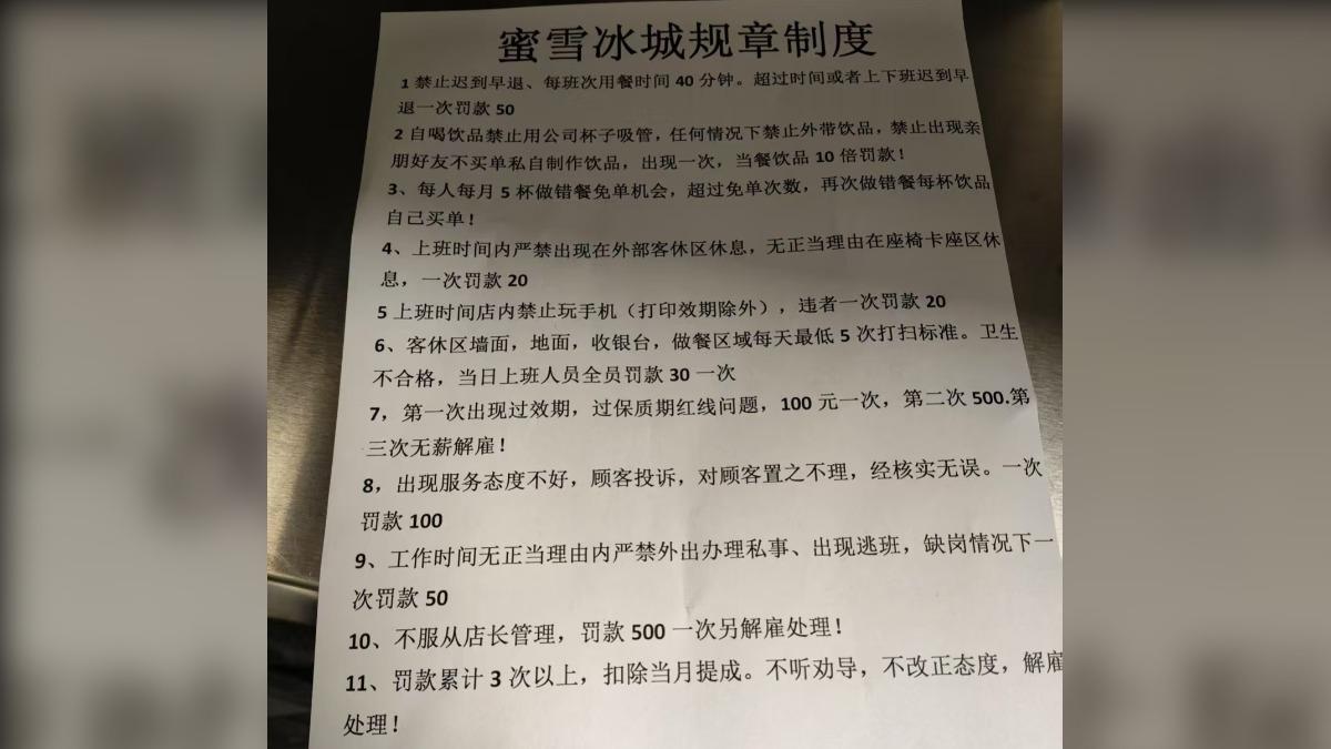 蜜雪冰城的管理規章曝光,列出各種違規事項,店員動不動就得罰錢。(圖/大陸微博)