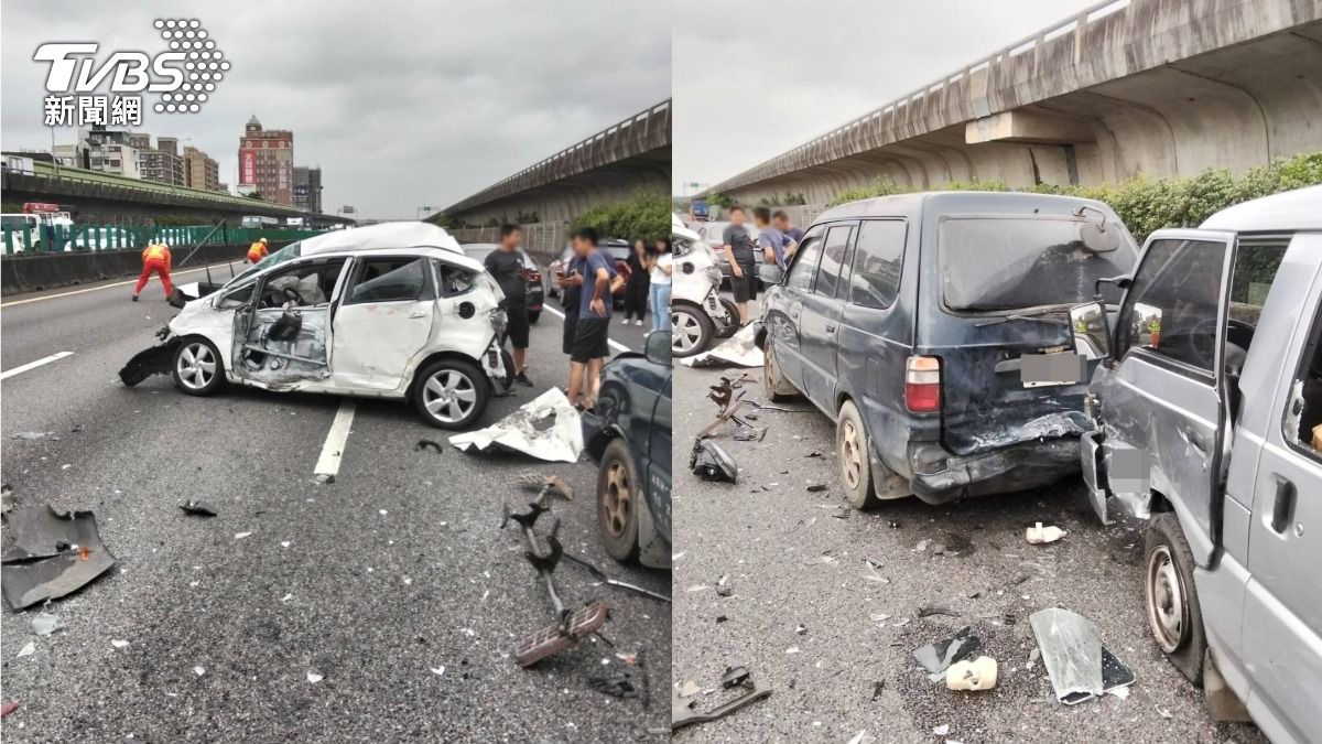 國1中壢段嚴重車禍！大貨車「連撞7車」車頭全爛釀2傷