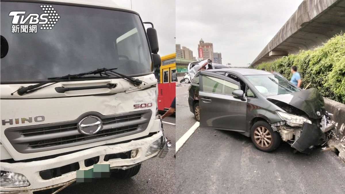 大貨車駕駛疑似未保持安全車距,追撞前方車輛,共波及7輛車。(圖/TVBS)