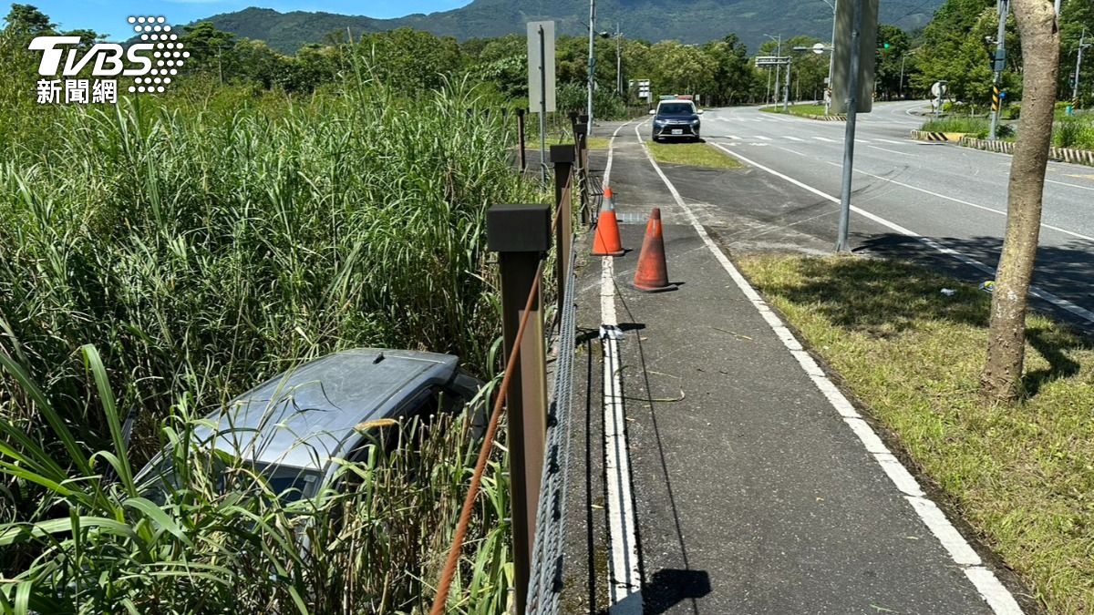 汽車滑行掉落路邊的草叢內。（圖／TVBS）