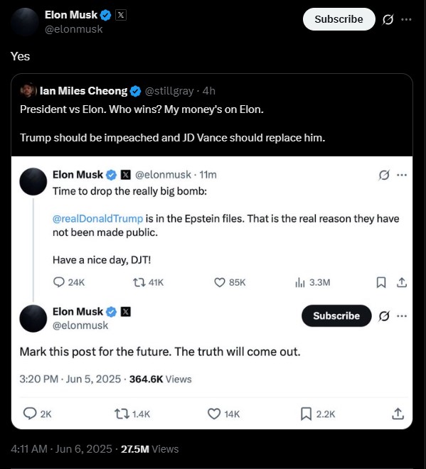 馬斯克轉發張千里貼文,表態支持彈劾川普。(圖/翻攝自「@elonmusk」X)