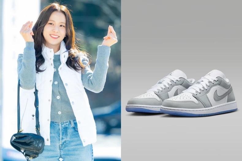Jisoo腳上的Air Jordan 1低筒灰白色運動鞋，成為網友關注的焦點。（圖／翻攝自IG@jisooyaachu、NIKE）