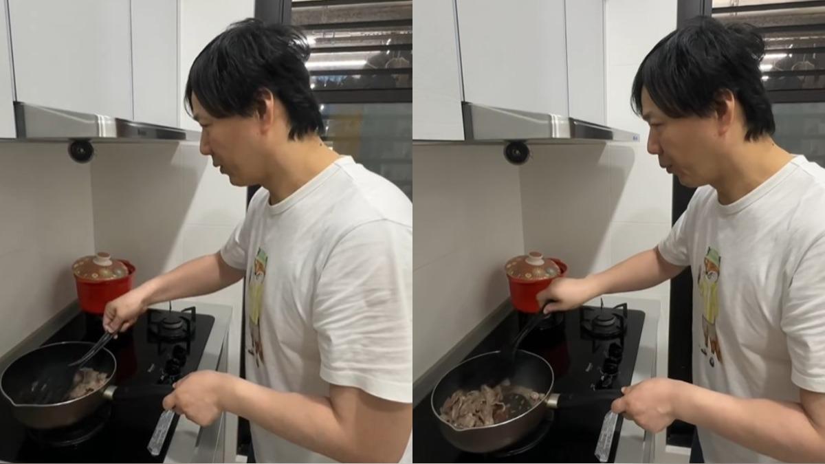 蕭煌奇化身大廚,在廚房俐落翻炒牛肉,動作熟練、氣勢十足。(圖/翻攝自蕭煌奇Threads)