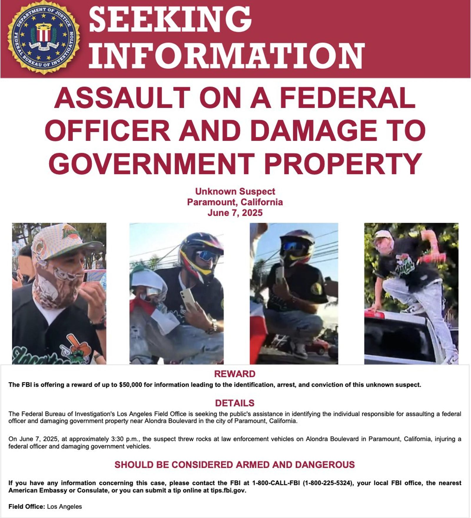 FBI發出通緝公告，該名嫌犯被列為「高度危險人物」。（翻攝X@FBILosAngeles）
