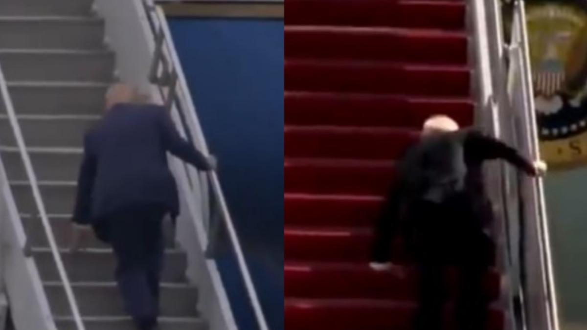 美國總統川普(左)與前總統拜登(右)不約而同都在78歲登機時絆倒。(組圖/翻攝自 X@NoiseAlerts、@TPostMillennial)