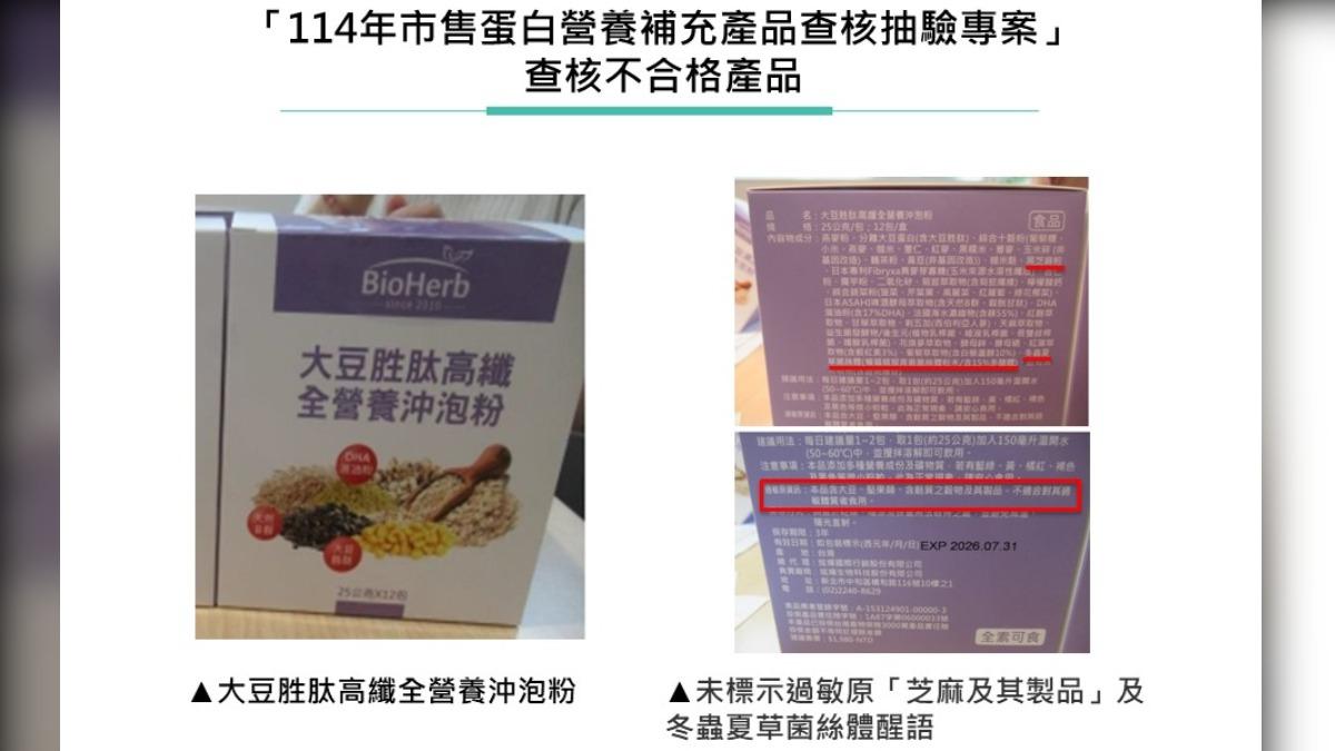 大豆胜肽高纖全營養沖泡粉營養標示格式不符規定。（圖／食藥署提供）