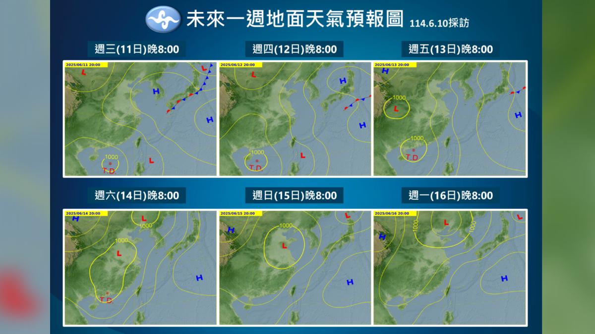未來一周地面天氣預報圖。(圖/氣象署)