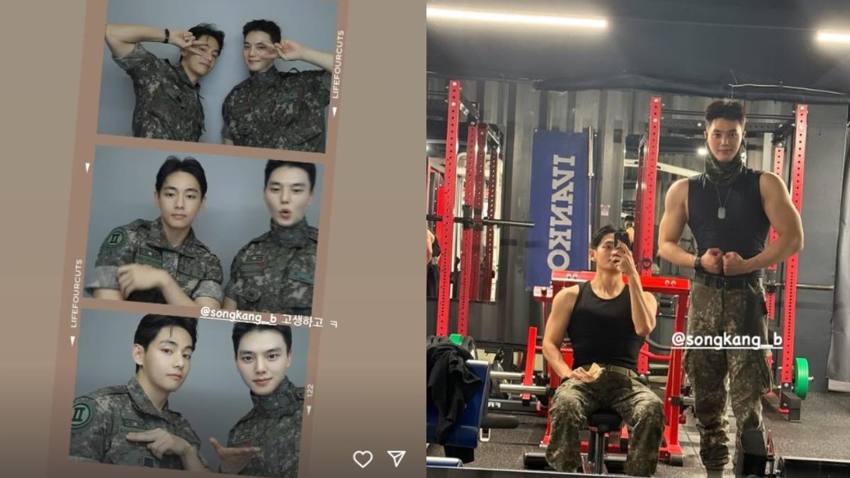 V分享與人氣演員宋江一同健身、拍貼的合照,展現出深厚的軍中情誼。(圖/翻攝自V IG)