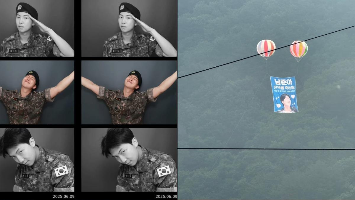 RM曬出一組軍服「人生四格照」,並拍下粉絲的氣球應援。(圖/翻攝自RM IG)