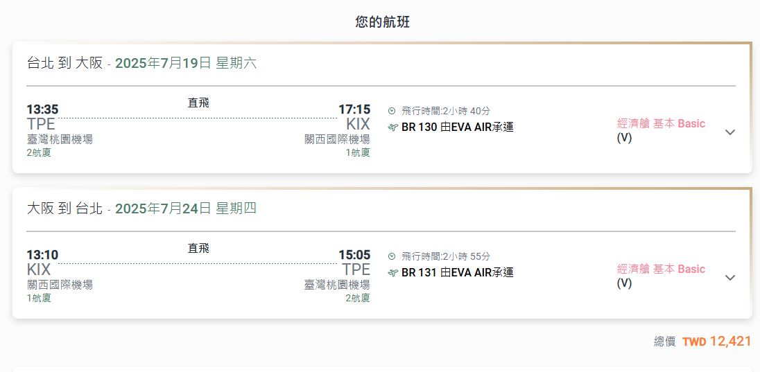 台北-大阪7月中旬搭乘經濟艙約12421元。(圖/翻攝長榮官網)
