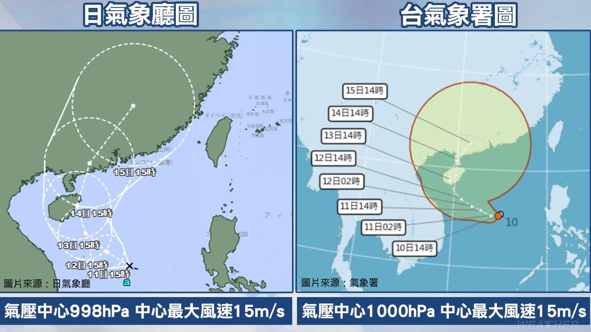日本氣象廳(左)與台灣氣象署預測「準颱風蝴蝶」路徑。(圖/TVBS組圖)