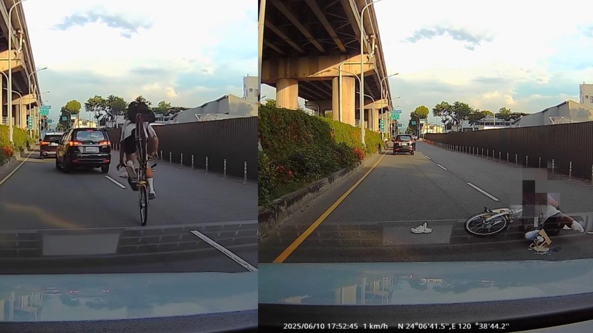 疑洞洞鞋惹禍!台中男騎單車卡右輪踏板 空翻一圈重摔畫面曝