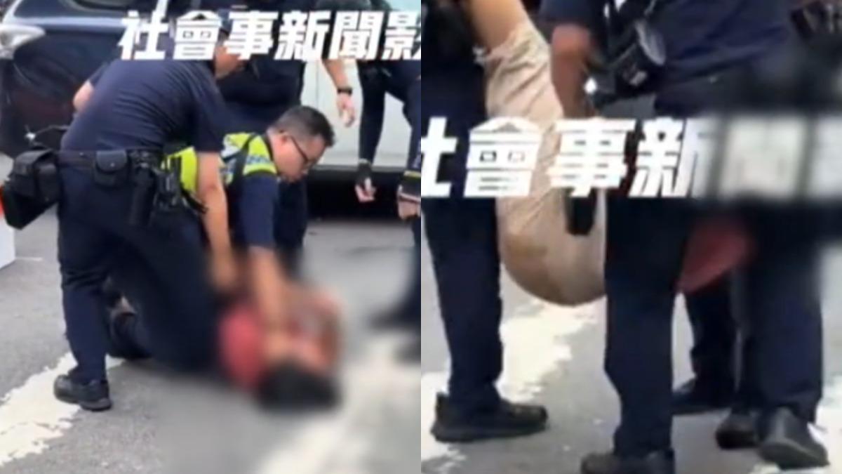 女肉身阻擋貨車爆口角，遭警上銬壓制。（圖／翻攝 社會事新聞影音）