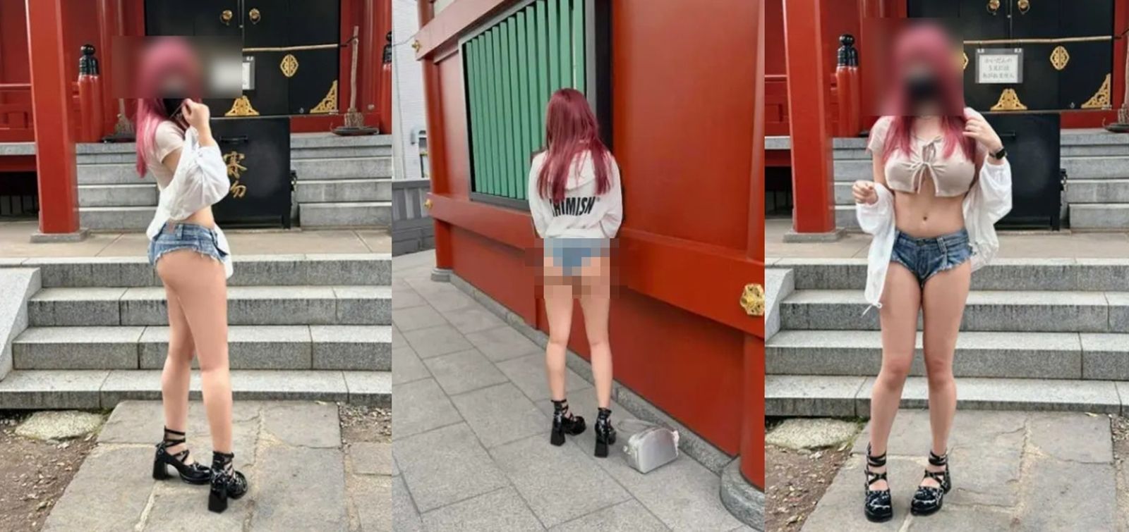 一名台灣女生穿超短褲在神社拍照,露臀的行徑讓一票網友罵翻。(圖/翻攝DCARD)