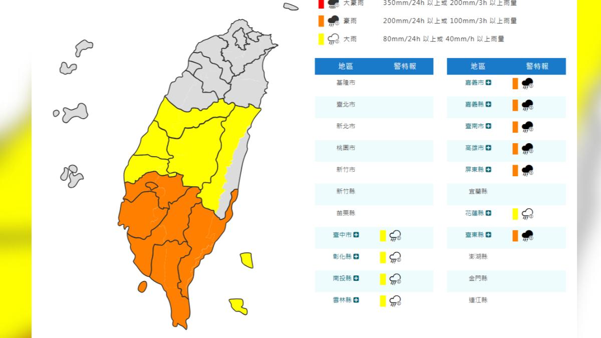 天氣/雨彈狂炸!南部6縣市豪雨特報 山區留意土石流
