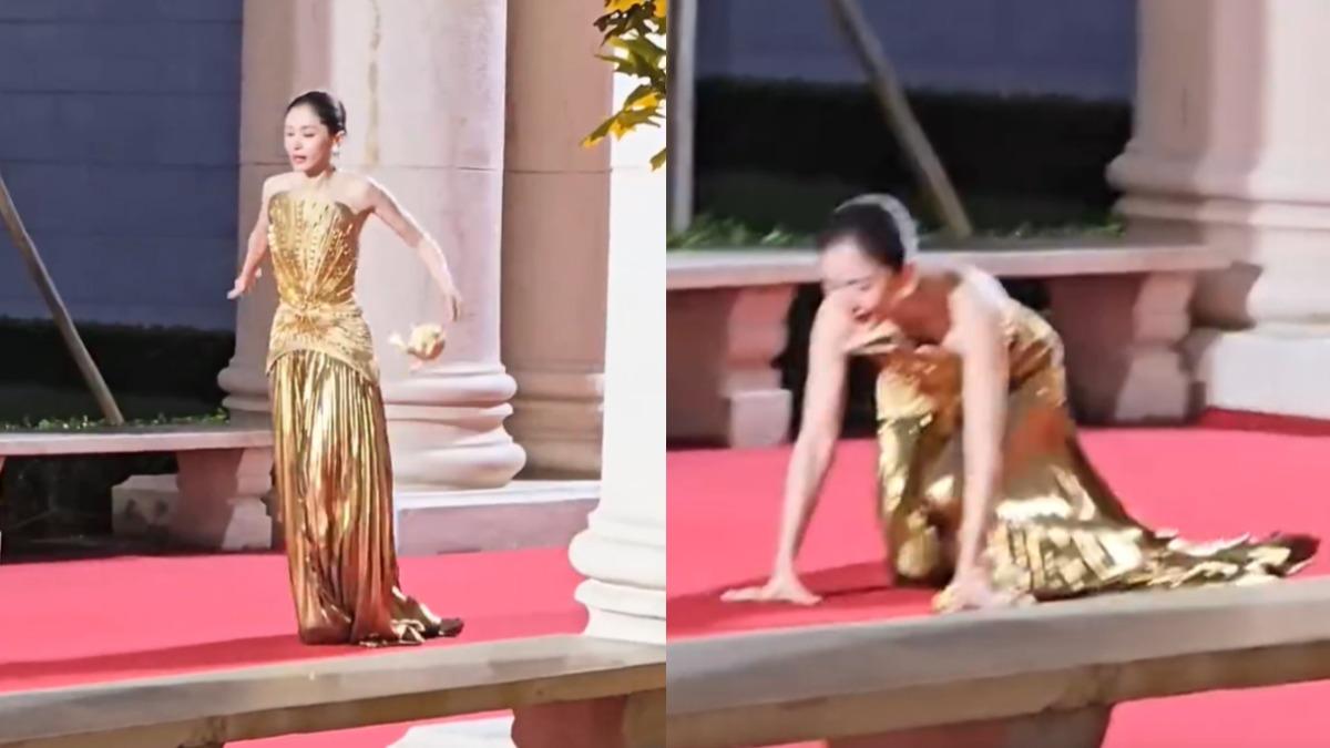 陸女神大失誤!踩20公分恨天高「紅毯慘摔」 驚恐跪地全放送