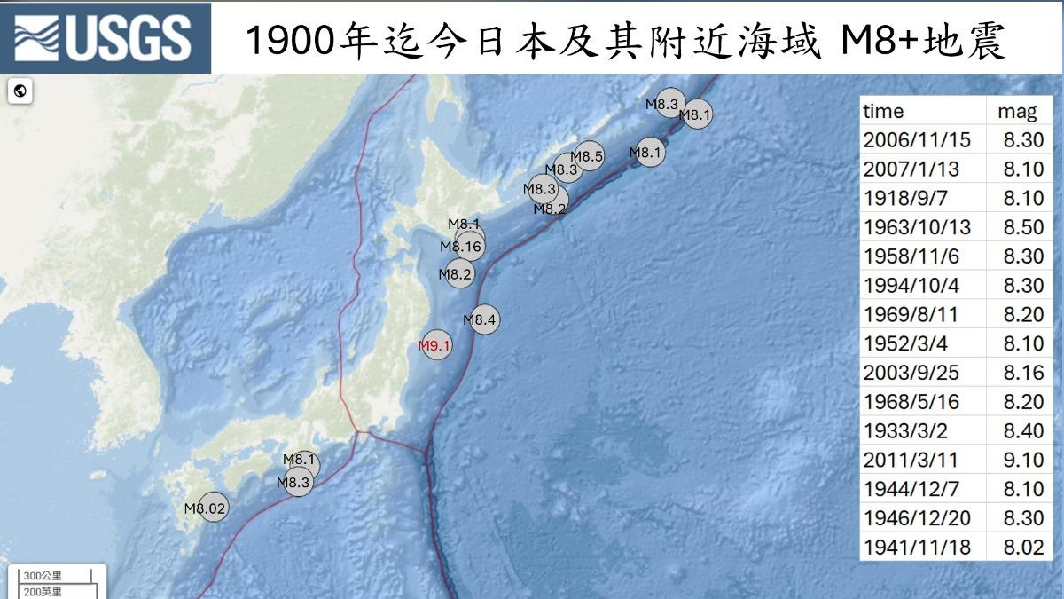 郭鎧紋整理日本週邊15個規模8以上的地震。(圖/郭鎧紋提供)