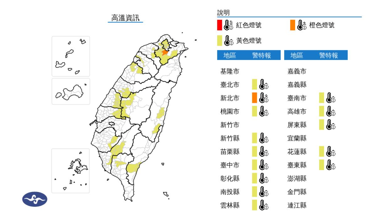 14縣市高溫特報。（圖／翻攝自氣象署官網）