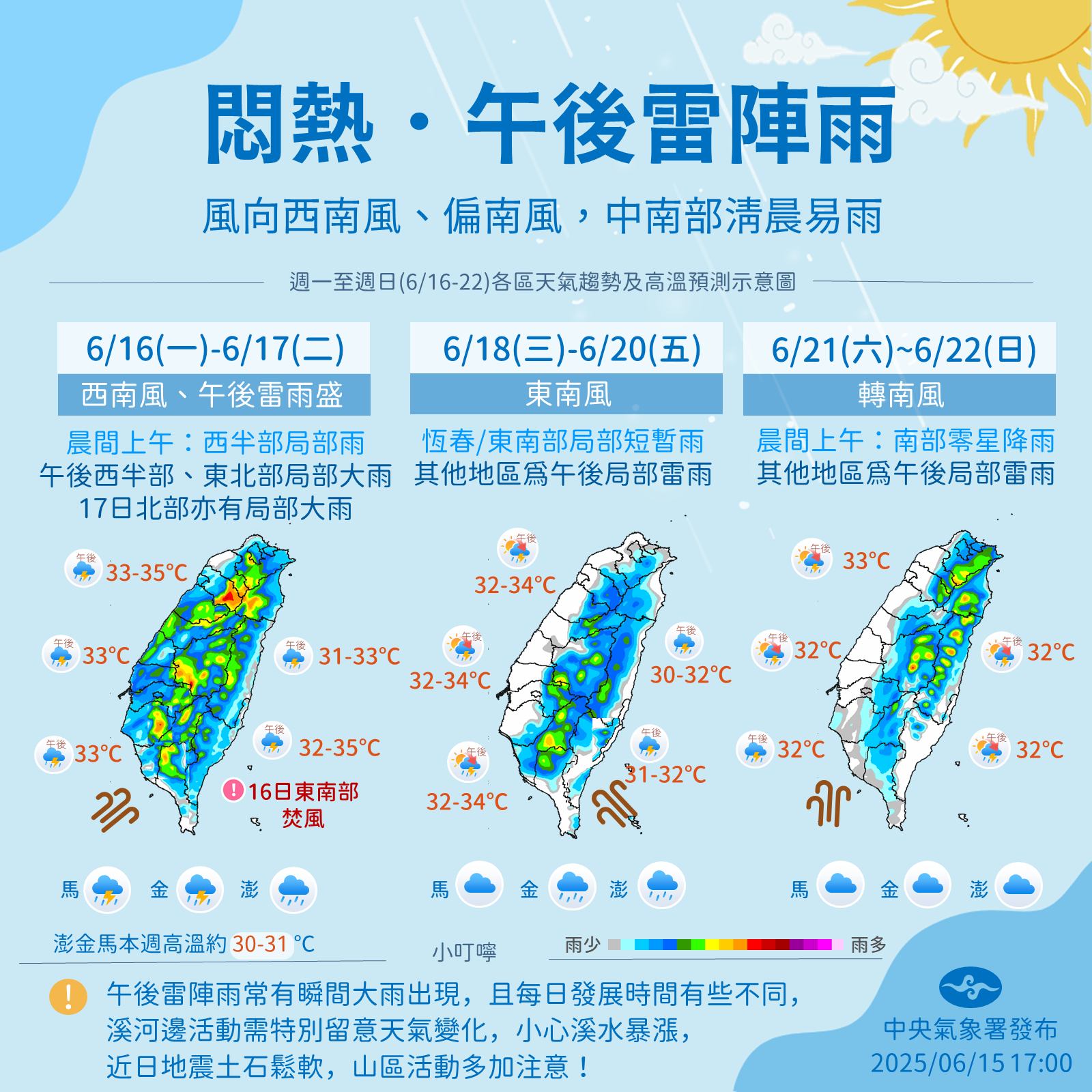 未來一週全台易出現午後雷陣雨。(圖/翻攝自報天氣 - 中央氣象署 臉書粉專)