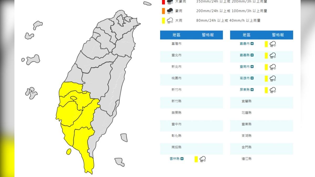 天氣/雨彈來襲!氣象署發大雨特報:西南六縣市留意致災雨勢