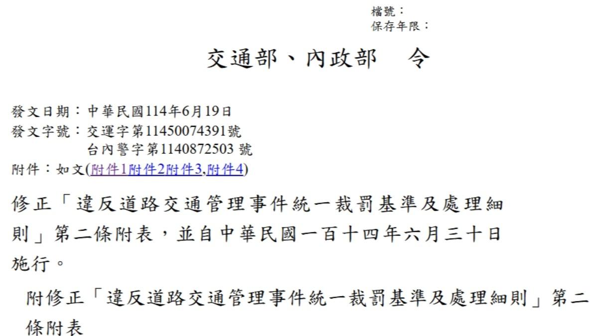 交通部今(19)日公告修正違反道路交通管理事件統一裁罰基準及處理細則。(圖/翻攝自交通部)