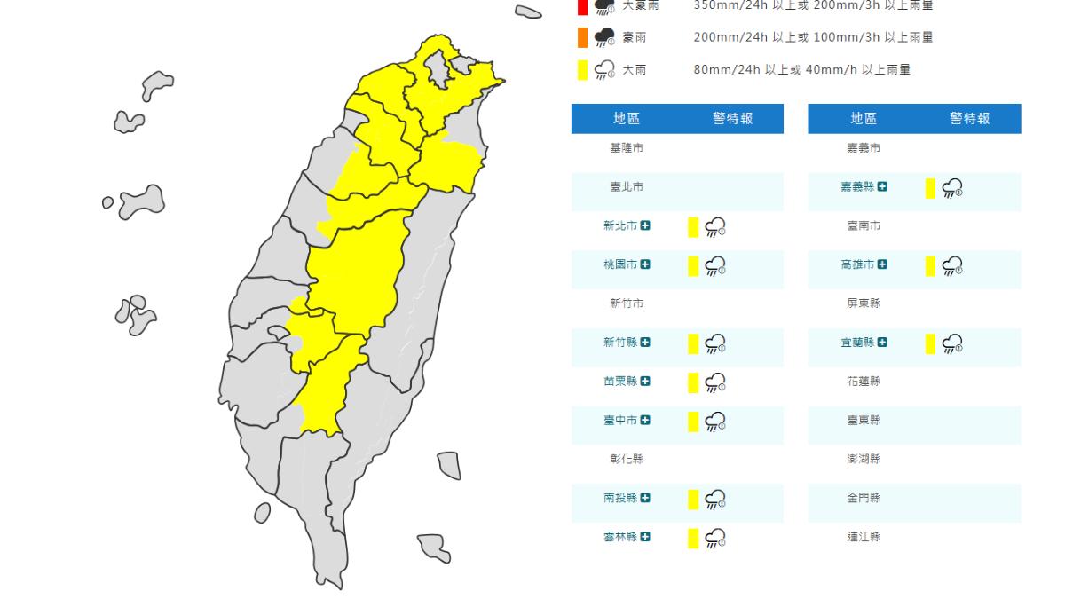 天氣/氣象署發布10縣市大雨特報 山區留意致災降雨