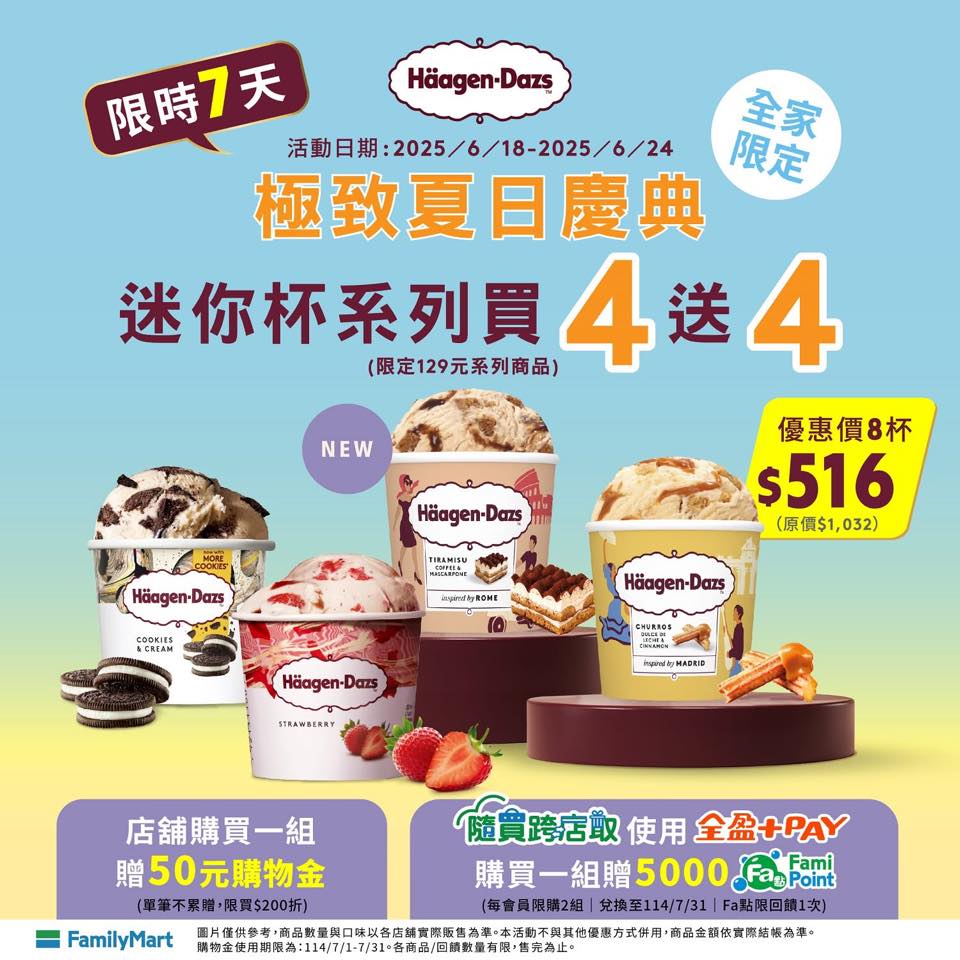 全家哈根達斯迷你杯冰淇淋買4送4優惠。（圖／翻攝自臉書@FamilyMart）