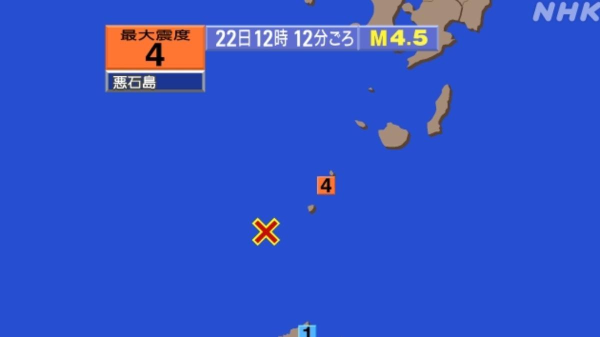 日本鹿兒島近海在當地時間22日發生規模4.5地震。(圖/翻攝自NHK)