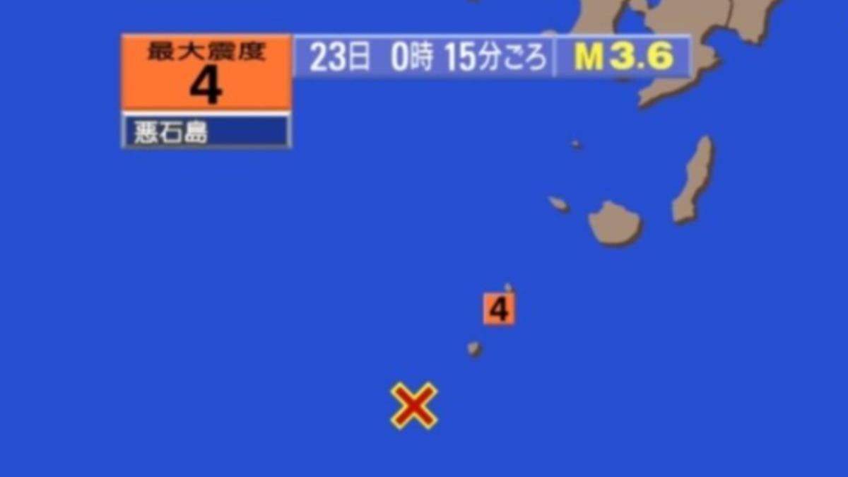 日本當地時間6月23日凌晨0時15分左右，鹿兒島縣觀測到一起最大震度為4級的地震。（圖／翻攝自 NHK）