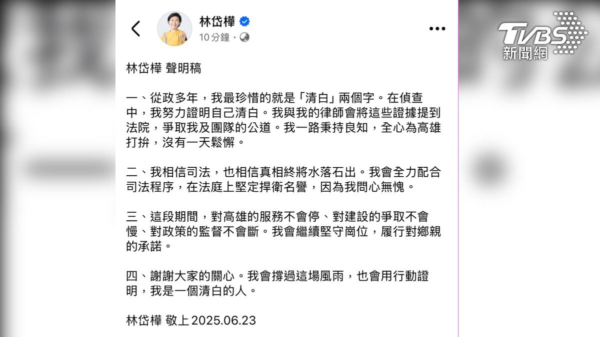 林岱樺遭起訴後，臉書發聲明強調清白（圖／林岱樺臉書）