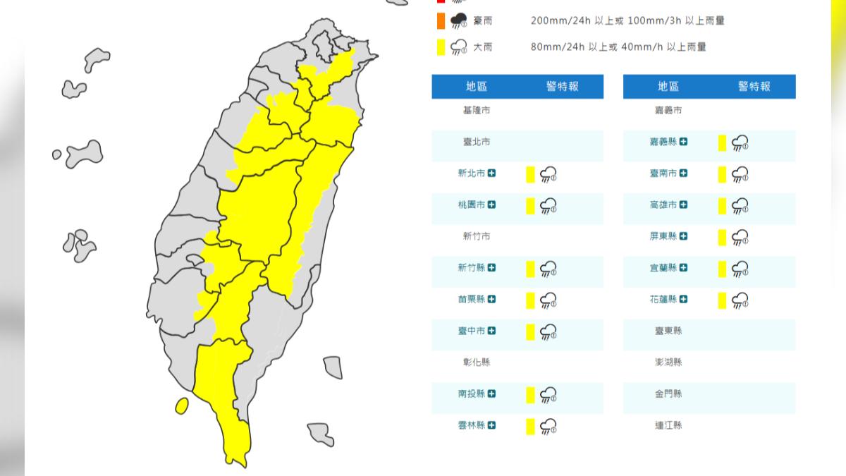 天氣/雨來了!氣象署發13縣市大雨特報 山區慎防落石坍方