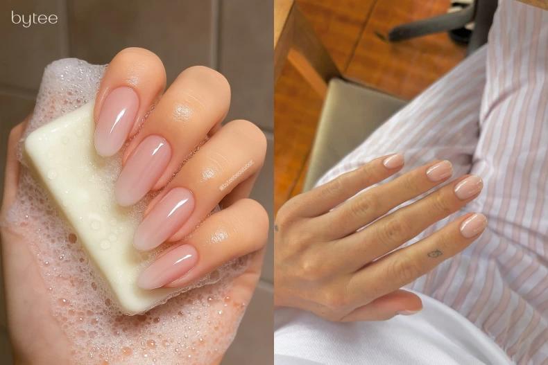 「Soap Nail」的重點在於乾淨、透亮的色澤,常見色系包括白色、裸色、乳粉色、米色等溫柔系為主。(圖/翻攝自IG@_ori.nail_)