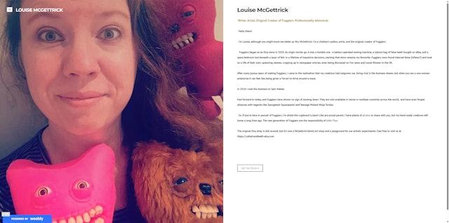 據設計Fuggler公仔的英國藝術家Louise McGettrick在其網站上的介紹，Fuggler最早是她在自家臥室用一袋從eBay上買來的密封假牙和毛氈縫製而成的，2010年起在手工藝品交易平台Etsy上售賣。（圖／翻攝自louisemcg.com）