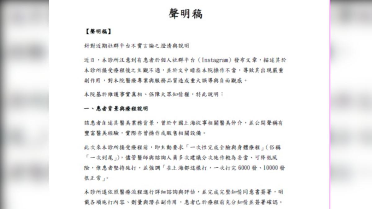 當事診所澄清，絕無過量施打肉毒，強調一切符合醫療規範。（圖／當事診所提供）