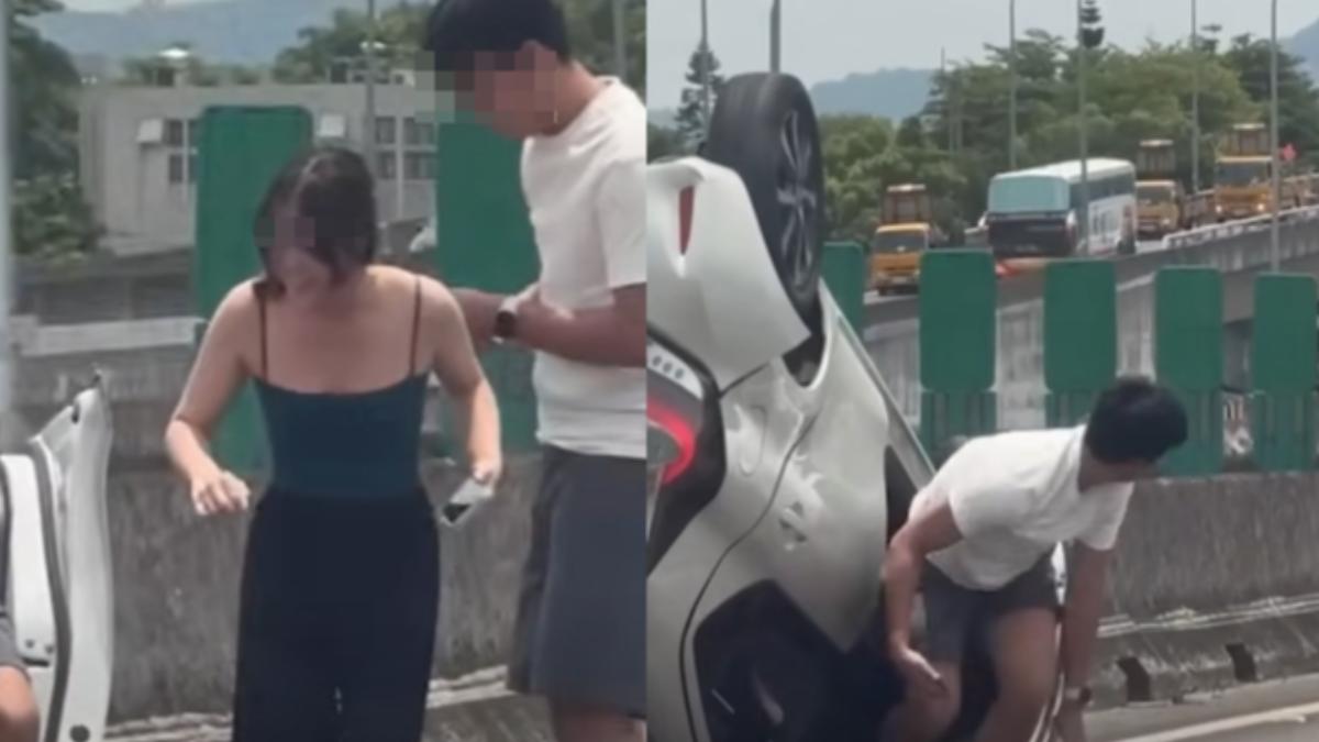 國道翻車低胸女無傷爬出!原地狂抖燦笑 網封她「樂天女孩」