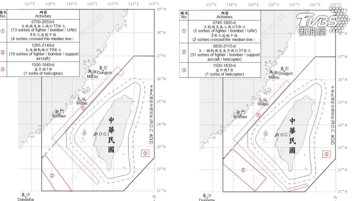 共軍近兩日以「L型」路線擾台,不免引人聯想。(圖/國防部提供)