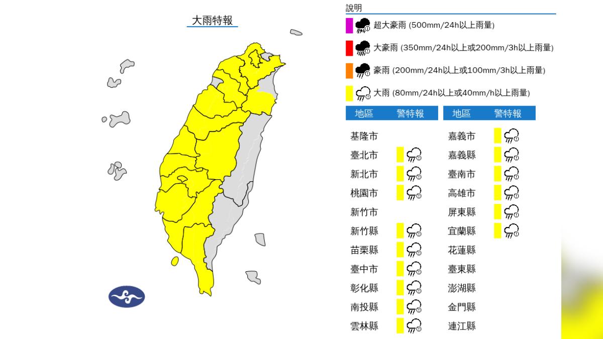 天氣/國家警報響!對流旺盛15縣市大雨特報 大雷雨轟10地