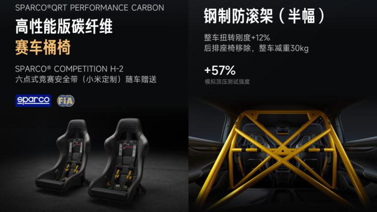 SU7 Ultra內裝還新增Sparco賽車桶椅跟六點式安全帶,並在後座有防滾籠配備。(圖/小米汽車提供)