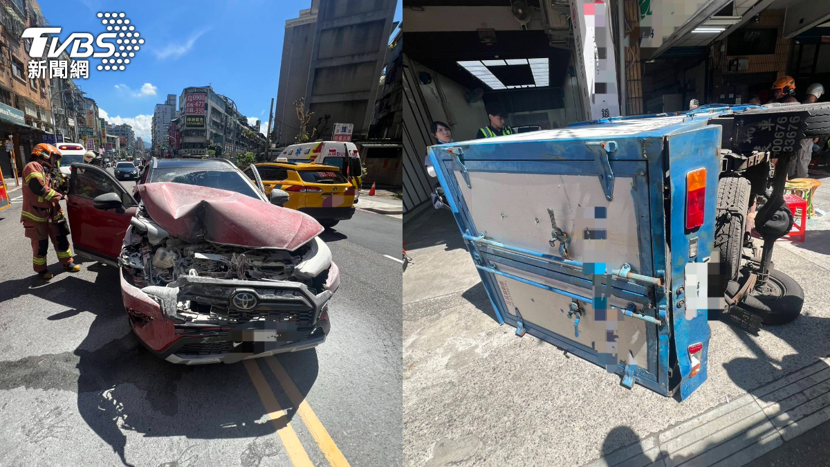 快訊/新北三重汽車追撞翻車 貨車駕駛受困救出送醫