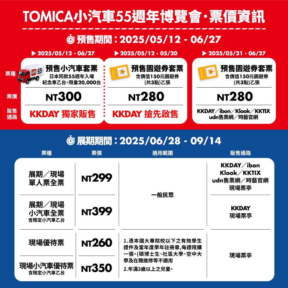 TOMICA小汽車55週年博覽會票價資訊。(圖/翻攝自TOMICA小汽車55週年博覽會臉書)