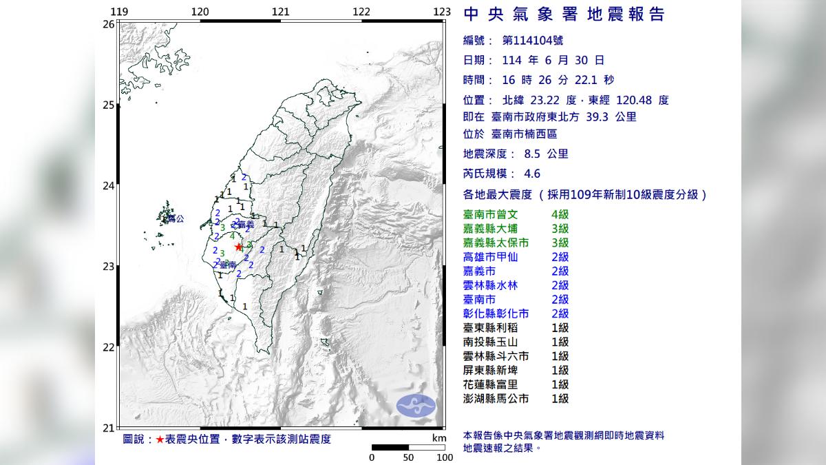 下午4時26分臺南市楠西區也發生芮氏規模4.6地震。(圖/氣象署提供)