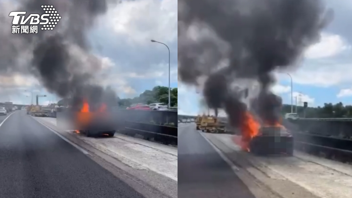 國1北向桃園路段火燒車!火勢猛烈竄煙 車主急停路肩跳車