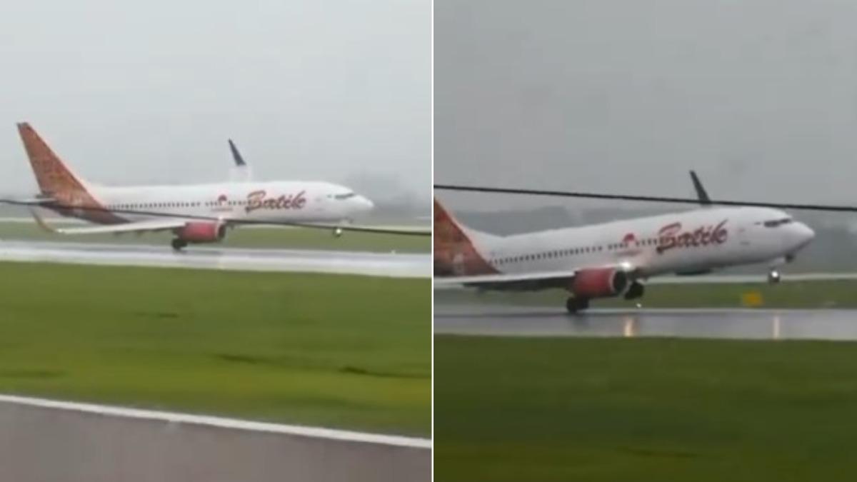 有片/印尼客機暴風雨中降落! 強風猛吹「機身歪一邊」險翻覆