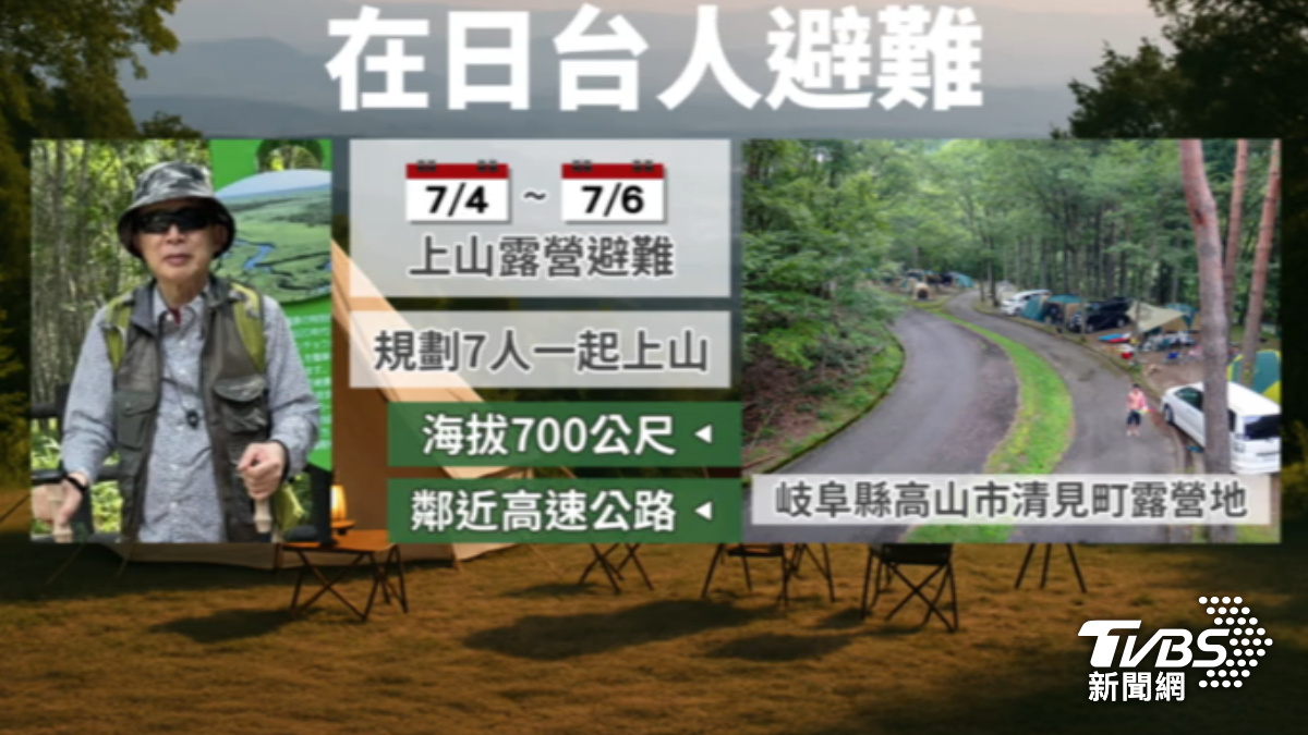 在日本經營民宿的75歲台灣人翁老闆計劃7月4日至6日前往海拔700公尺的岐阜縣高山市露營地避難。(圖/TVBS)