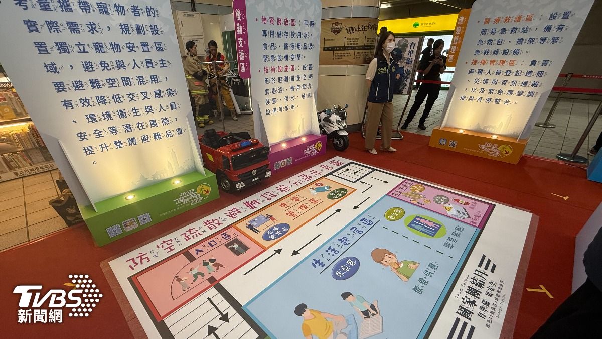 防空避難指引特展，具象化呈現自救須知。圖文說明更附注音符號，以利學童從中學習。（圖／TVBS）