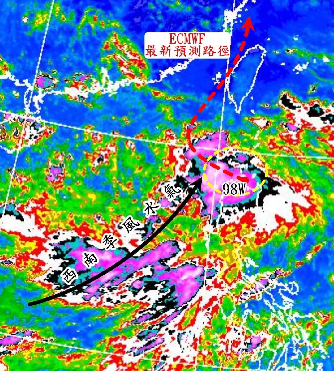 歐洲中期天氣預報中心(ECMWF)最新的預測路徑圖。(圖/翻攝自觀氣象看天氣粉專)
