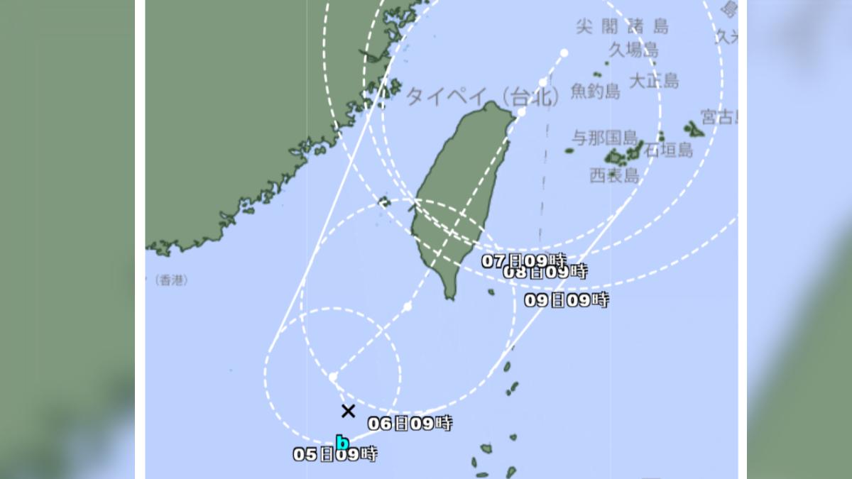 據日本氣象廳潛勢路徑圖,準「丹娜絲」將從西南部貫穿台灣。(圖/日本氣象廳)