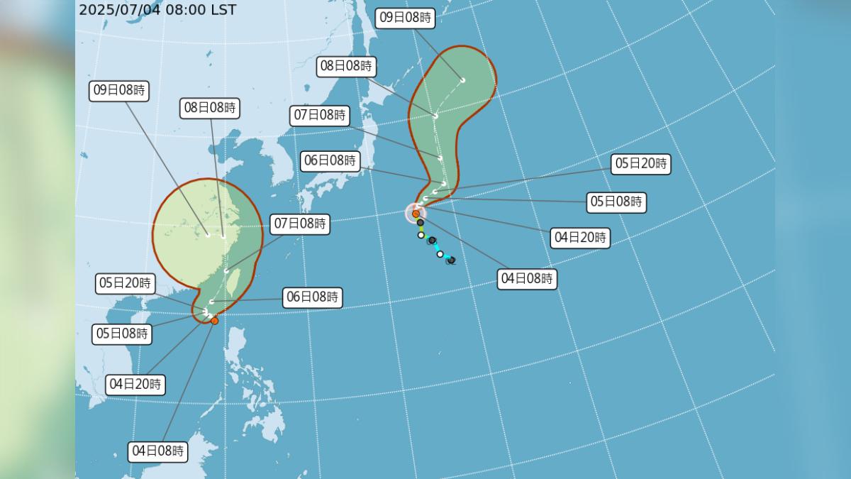 台灣中央氣象署對準颱風丹娜絲的預測路徑（左下）。（圖／中央氣象署）