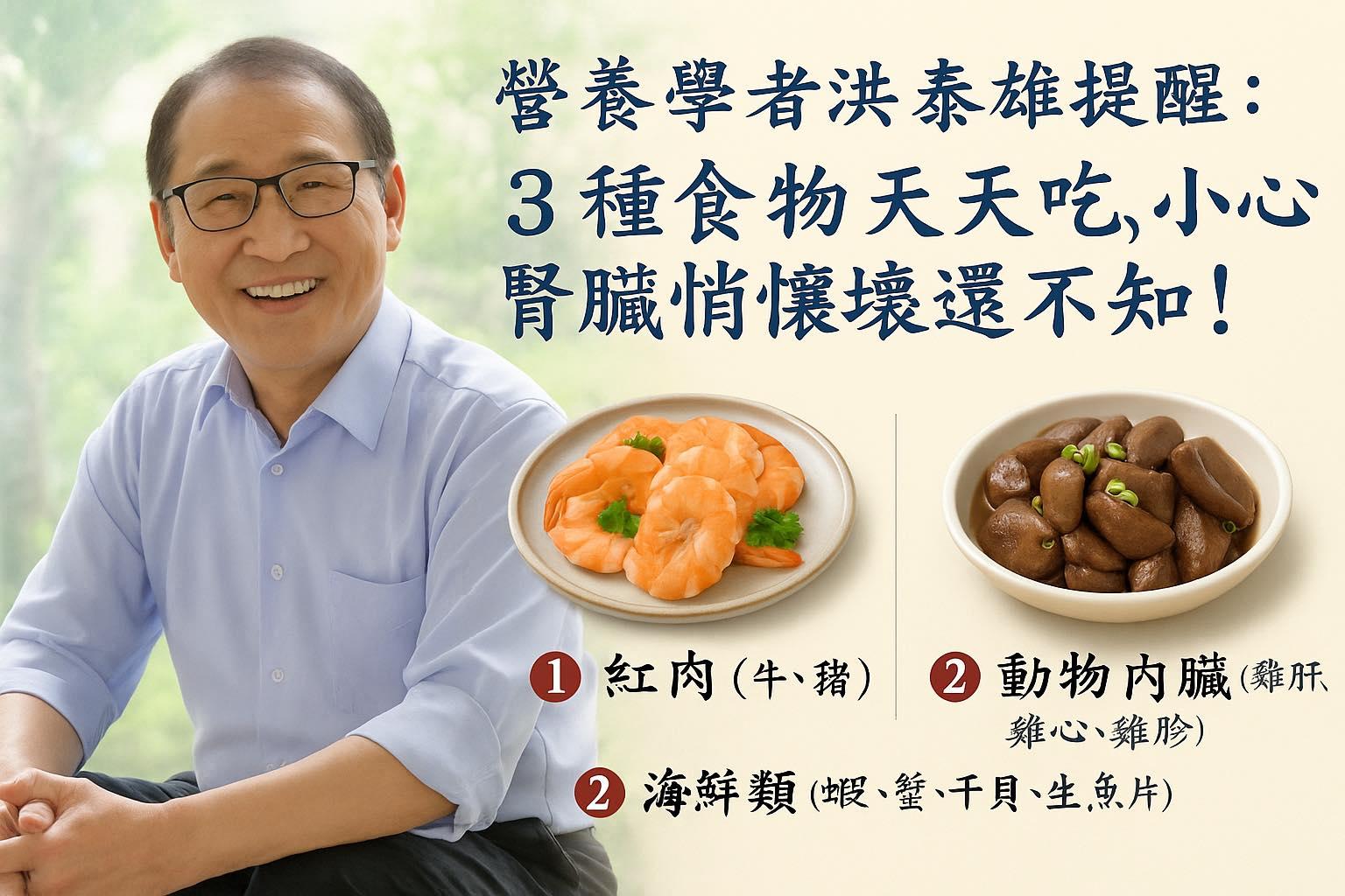 營養學專家洪泰雄在臉書發文表示，三種食物要適量吃，吃多恐引「腎」功能退化。（圖／翻攝自洪泰雄臉書）